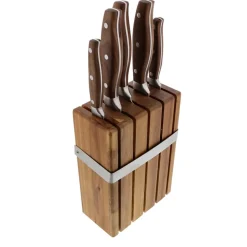 Fabrique de Styles Couteaux De Cuisine>Bloc en acacia de 5 couteaux de cuisine inox avec manche en noyer Naturel