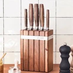 Fabrique de Styles Couteaux De Cuisine>Bloc en acacia de 5 couteaux de cuisine inox avec manche en noyer Naturel
