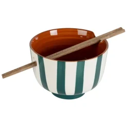Fabrique de Styles Bols Et Coupelles>Bol en grès rayé émeraude et blanc avec baguettes d14cm - Alaria Emeraude