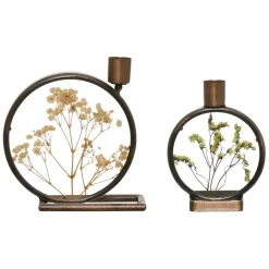 Fabrique de Styles Photophores, Bougeoirs Et Lanternes>Bougeoir en fer (x2) fleurs séchées Brun