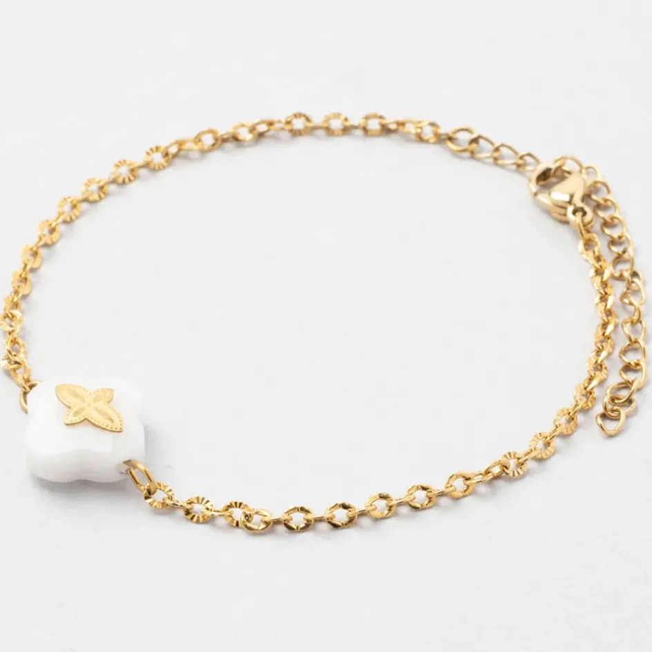 Fabrique de Styles Bijoux Fantaisie>Bracelet en acier doré et blanc - trefle Doré, Blanc