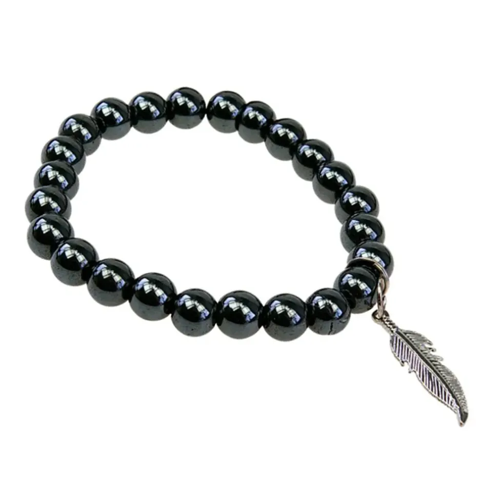 Fabrique de Styles Bijoux Fantaisie>Bracelet hématite perles rondes 8mm et plume Gris