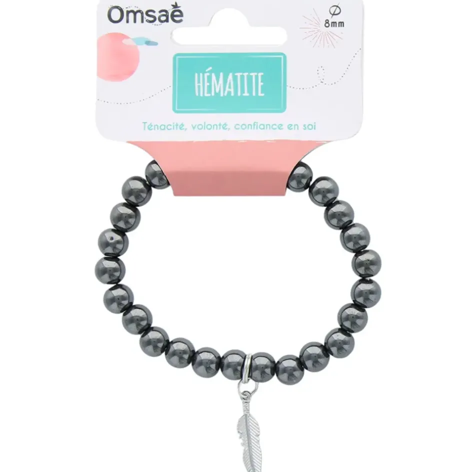 Fabrique de Styles Bijoux Fantaisie>Bracelet hématite perles rondes 8mm et plume Gris