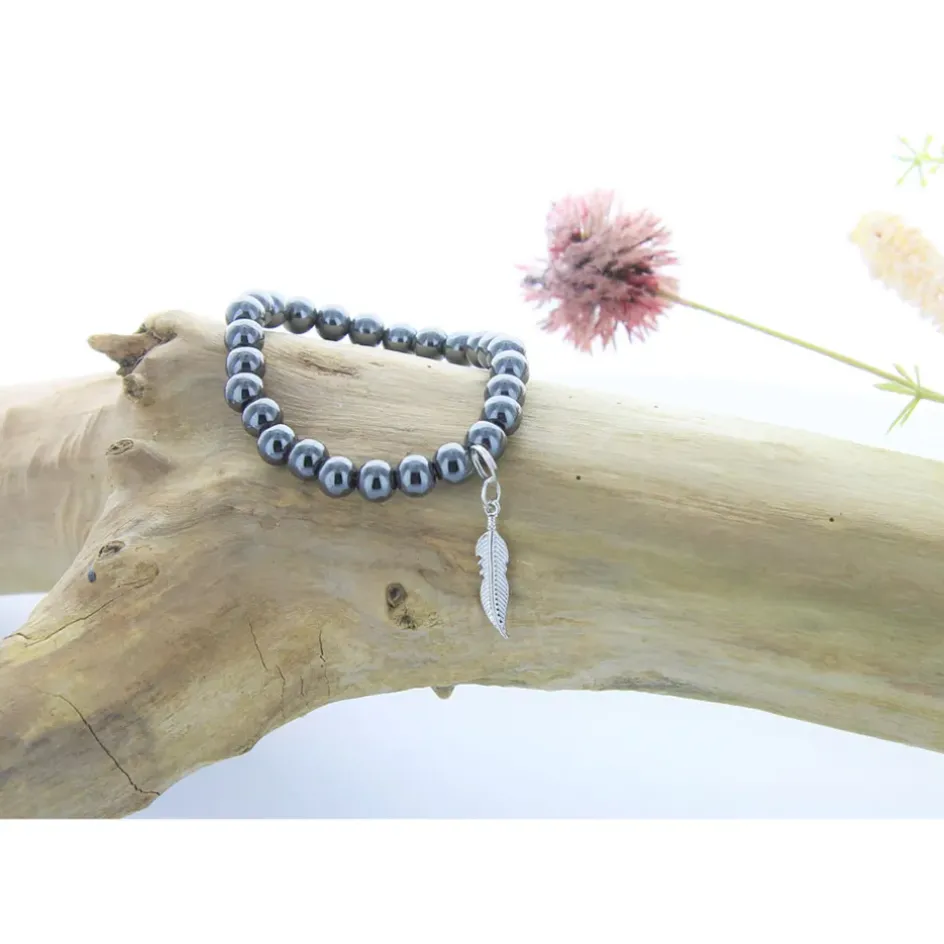Fabrique de Styles Bijoux Fantaisie>Bracelet hématite perles rondes 8mm et plume Gris