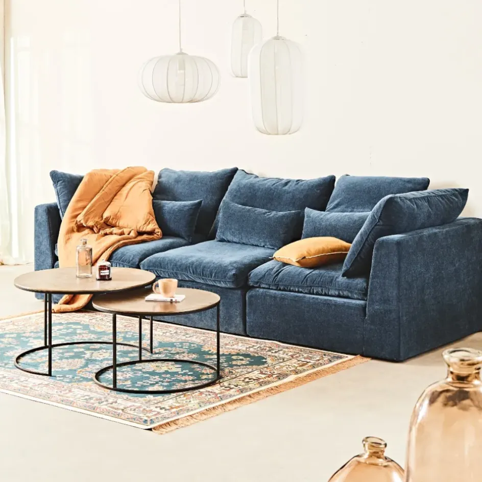 Fabrique de Styles Canapés Modulables>Canapé modulable 3 places é avec pouf - Auguste Bleu Gris