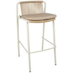 Fabrique de Styles Chaises, Fauteuils|Jardin>Chaise de bar d'extérieur avec coussin en tissu beige et blanc h97cm - Ajay Beige, Blanc