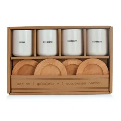 Fabrique de Styles Tasses Et Mugs>Coffret 4 tasses en faïence avec soucoupes en bois 10cl Blanc