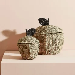 Fabrique de Styles Paniers Et Corbeilles>Corbeilles pomme avec couvercle x2 en jonc de mer+fer - Sweet Dream Naturel