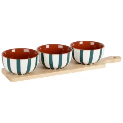 Fabrique de Styles Bols Et Coupelles>Coupelles x3 en grès rayées émeraude et blanc avec planche d11cm - Alaria Emeraude