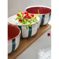 Fabrique de Styles Bols Et Coupelles>Coupelles x3 en grès rayées émeraude et blanc avec planche d11cm - Alaria Emeraude