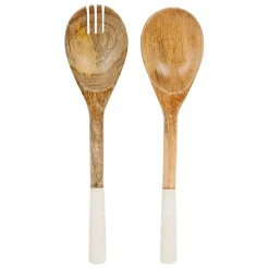 Fabrique de Styles Ustensibles De Cuisine>Couverts à salade en marbre blanc et bois de manguier - sweet leaves Ecru
