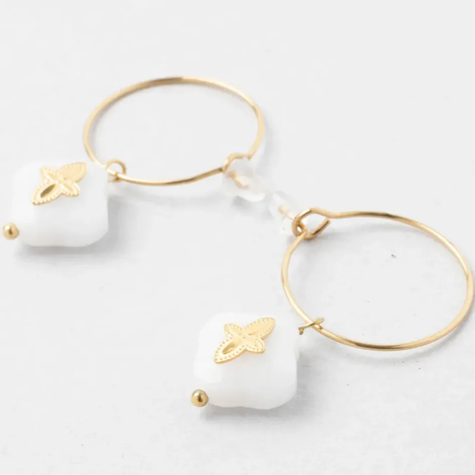 Fabrique de Styles Bijoux Fantaisie>Créoles x2 trefle doré+blanc h35mm acier inoxydable+jade Doré, Blanc