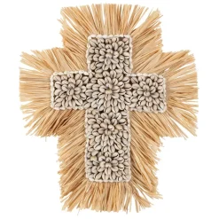 Fabrique de Styles Déco À Suspendre Et Adhésive>Deco murale croix en raphia et coquillage naturel et blanc - Cauri Naturel, Blanc