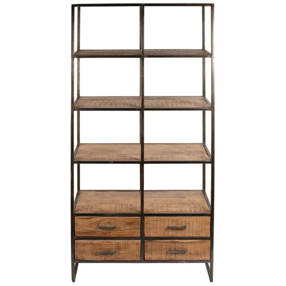 Fabrique de Styles Bibliothèques Et Étagères>Etagère en fer noir et bois d' acacia H200cm- Factory Naturel, Noir