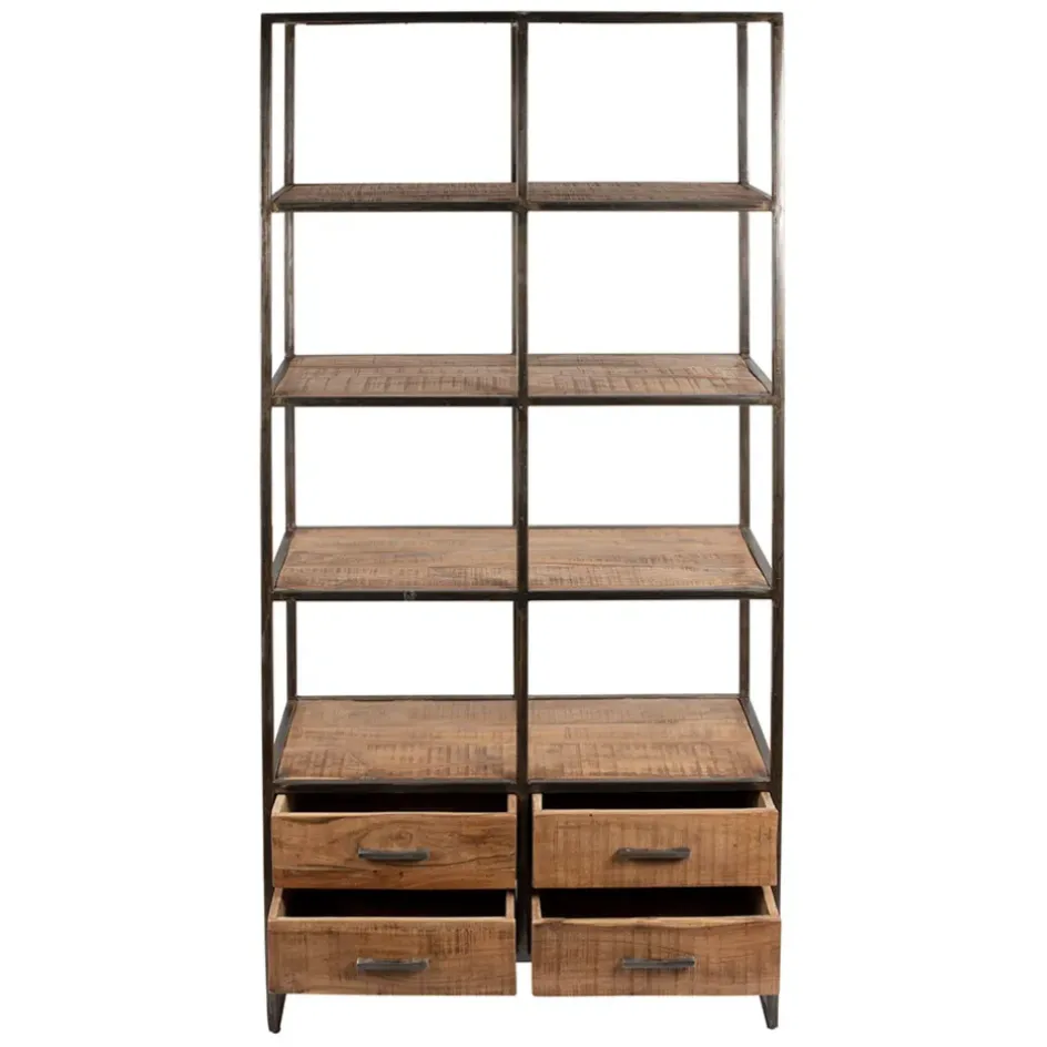 Fabrique de Styles Bibliothèques Et Étagères>Etagère en fer noir et bois d' acacia H200cm- Factory Naturel, Noir