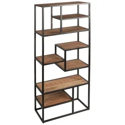 Fabrique de Styles Bibliothèques Et Étagères>Etagère en fer vieilli et bois d' acacia H170cm - Factory Naturel, Noir