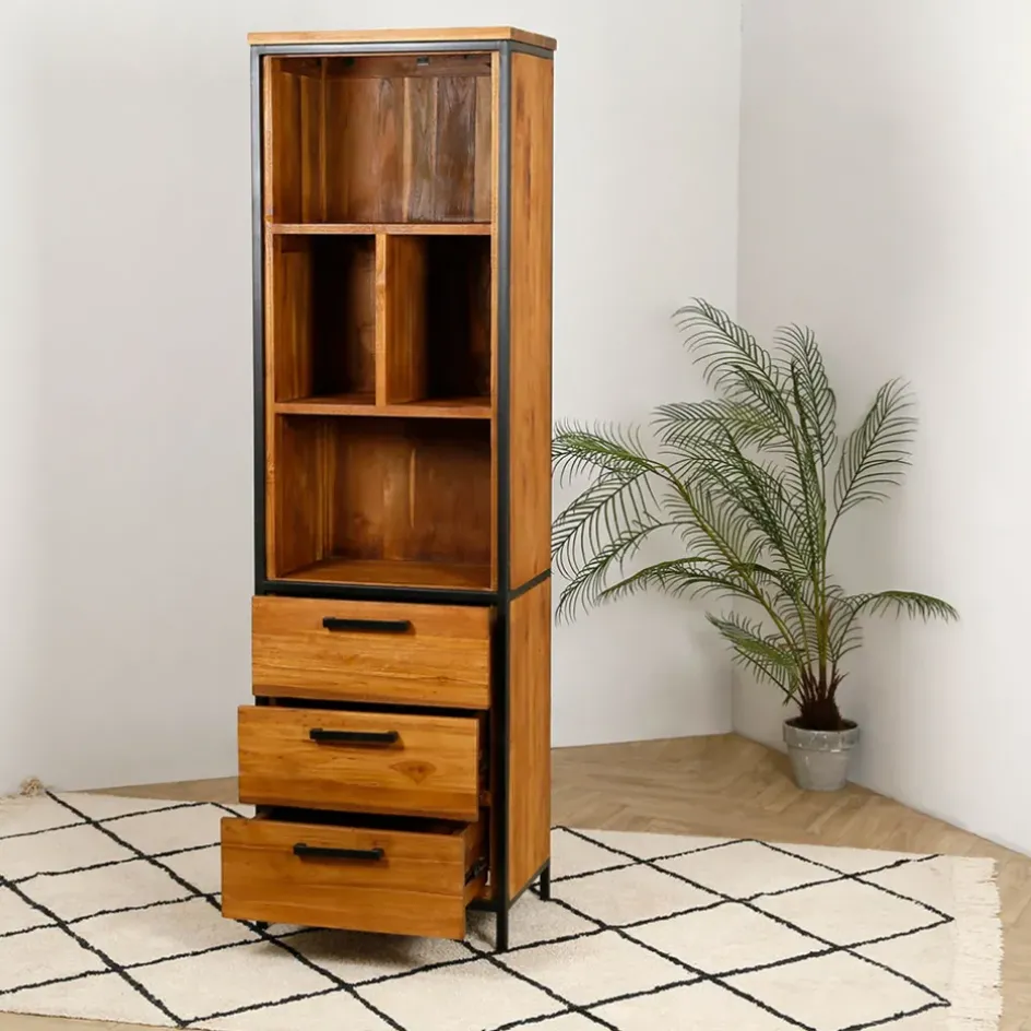 Fabrique de Styles Bibliothèques Et Étagères>Etagère en teck massif recycle avec 3 tiroirs H190cm - Alix Naturel
