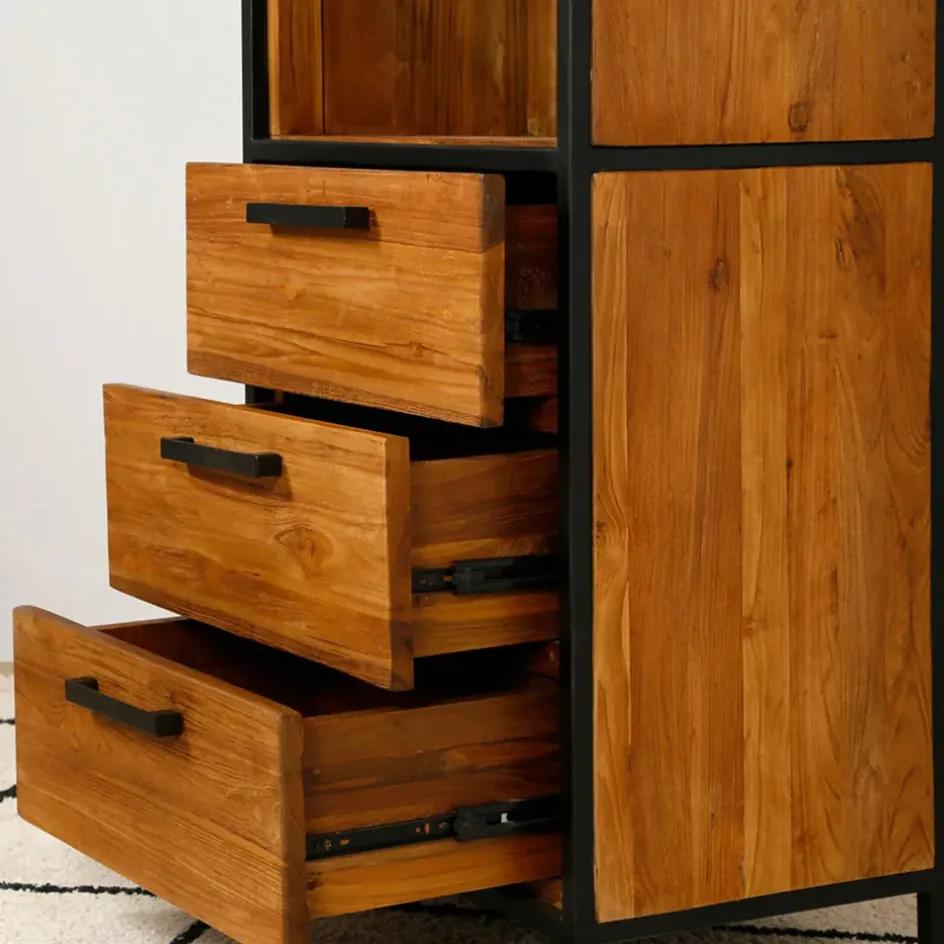 Fabrique de Styles Bibliothèques Et Étagères>Etagère en teck massif recycle avec 3 tiroirs H190cm - Alix Naturel