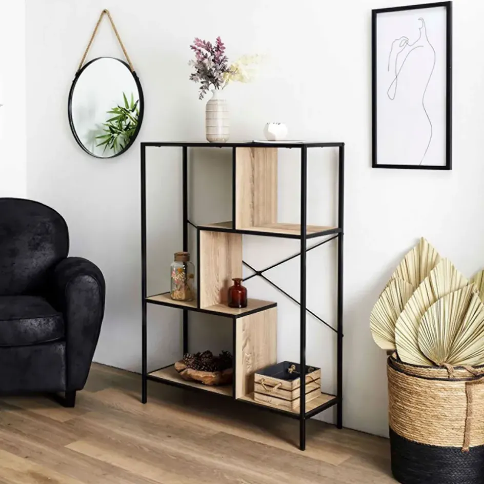 Fabrique de Styles Bibliothèques Et Étagères>Etagère industrielle en bois et métal H113cm - Edgard Naturel, Noir