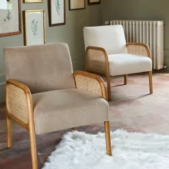 Fabrique de Styles Fauteuils>Fauteuil en bois d'hévéa et rotin - Firmin Blanc cassé