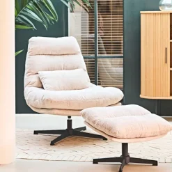 Fabrique de Styles Fauteuils>Fauteuil et repose pied en tissu beige et fer noir - Lery Beige , noir