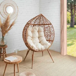 Fabrique de Styles Chaises, Fauteuils|Jardin>Fauteuil extérieur œuf en métal naturel et beige Naturel, Beige