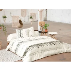 Fabrique de Styles Housses De Couette>Housse de couette 240x220 cm et 2 taies d'oreiller 60x60cm berbère - Gaia Blanc, Noir