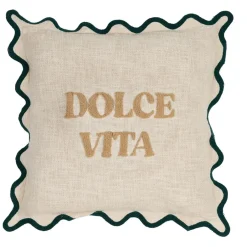 Fabrique de Styles Coussins Et Housses>Housse de coussin brodée dolce vita en coton beige et émeraude 45x45cm - Lumi Beige, Emeraude