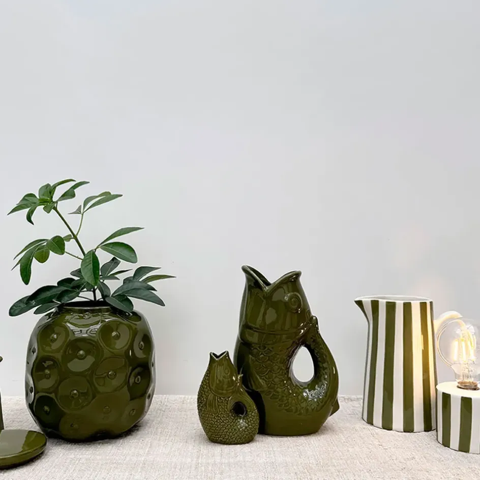 Fabrique de Styles Lampes À Poser>Lampe à piles en faïence rayée et blanc h17cm Kaki