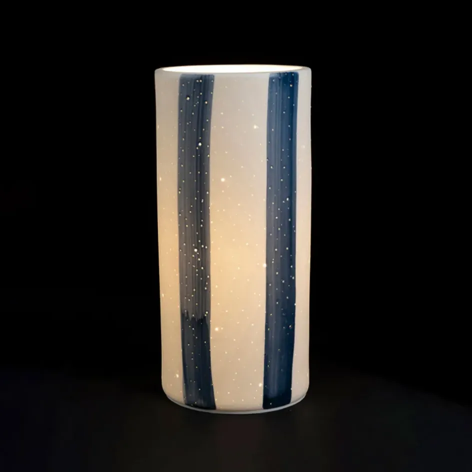 Fabrique de Styles Lampes À Poser>Lampe cylindre en porcelaine rayée et blanc h24cm - Alaria Indigo
