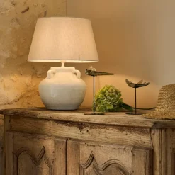 Fabrique de Styles Lampes À Poser>Lampe en terre cuite et lin blanc h47cm - Tahra Blanc, Lin