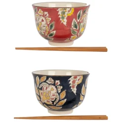 Fabrique de Styles Bols Et Coupelles>Lot de 2 bols et baguettes en grès et bambou d13xh9.5cm - Orchila Multicolore