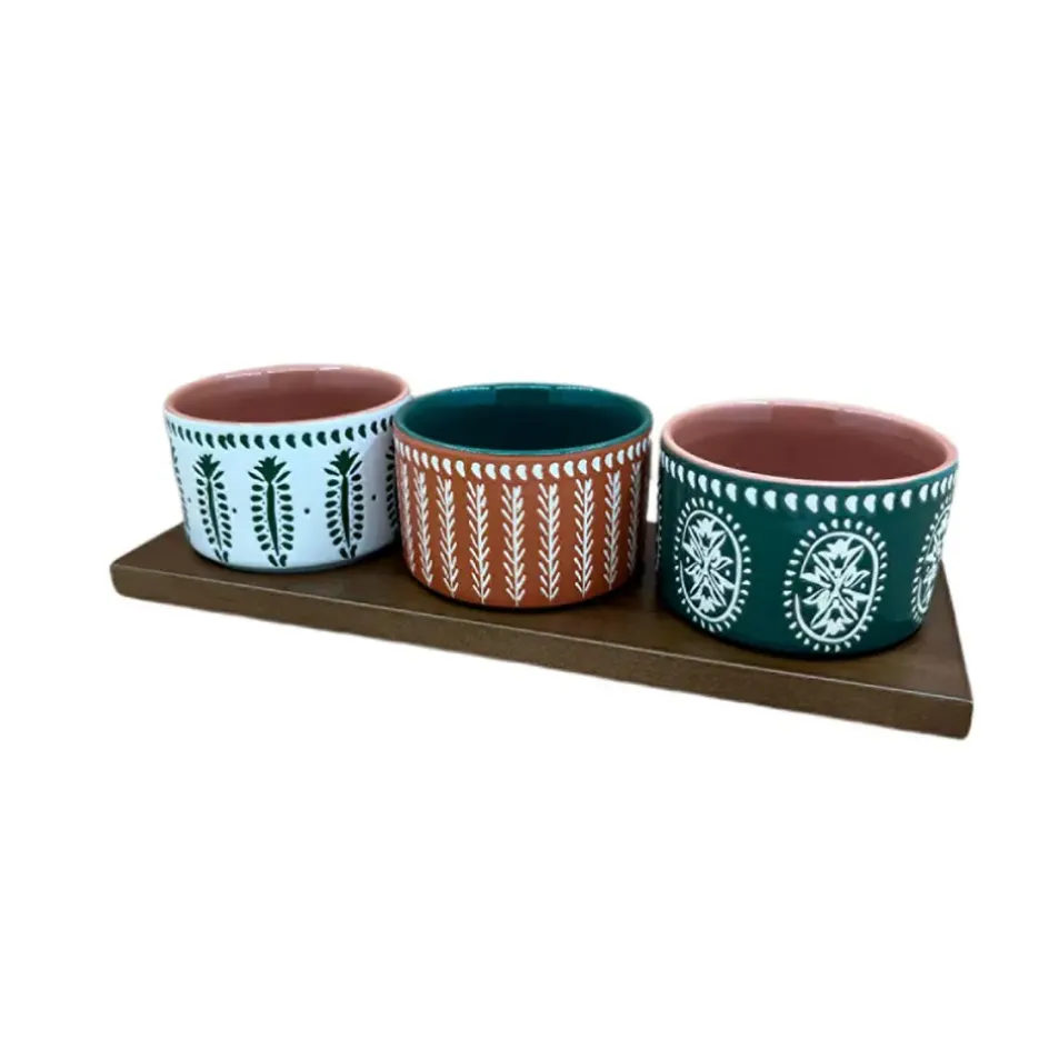 Fabrique de Styles Bols Et Coupelles>Lot de 3 coupelles en grès et plateau terracotta, vert et blanc - romance vegetal Multicolore