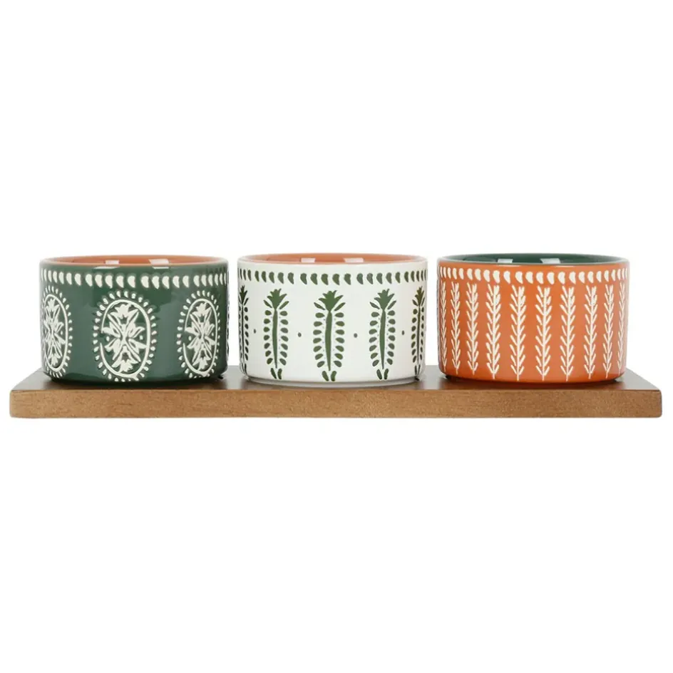 Fabrique de Styles Bols Et Coupelles>Lot de 3 coupelles en grès et plateau terracotta, vert et blanc - romance vegetal Multicolore
