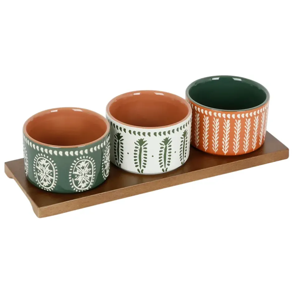 Fabrique de Styles Bols Et Coupelles>Lot de 3 coupelles en grès et plateau terracotta, vert et blanc - romance vegetal Multicolore