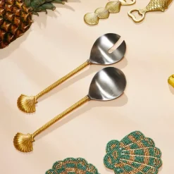 Fabrique de Styles Ustensibles De Cuisine>Lot de 2 couverts de salade en inox et laiton - Coquillage Doré