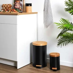 Fabrique de Styles Poubelles>Lot de 2 poubelles à pédale en métal et bambou 3L et 12L Noir