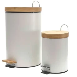 Fabrique de Styles Poubelles>Lot de 2 poubelles à pédale en métal et bambou 3L et 12L Blanc