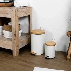 Fabrique de Styles Poubelles>Lot de 2 poubelles à pédale en métal et bambou 3L et 12L Blanc