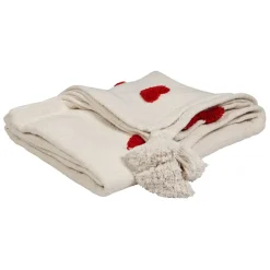 Fabrique de Styles Plaids>Plaid tufté en coton ecru et coeur rouge 170x130cm - Famille Ecru, Rouge