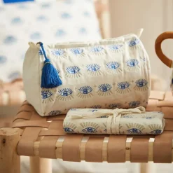 Fabrique de Styles Pochettes Et Housses>Pochette à bijoux de voyage creme oeil en velours coton 20x24cm Indigo