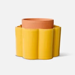 Fabrique de Styles Vases Et Soliflores>Pot auto-arrosant en céramique moutarde et argile d14cm - Paula Jaune