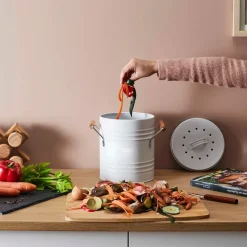 Fabrique de Styles Poubelles>Poubelle à compost en métal avec couvercle et poignées 5L Blanc