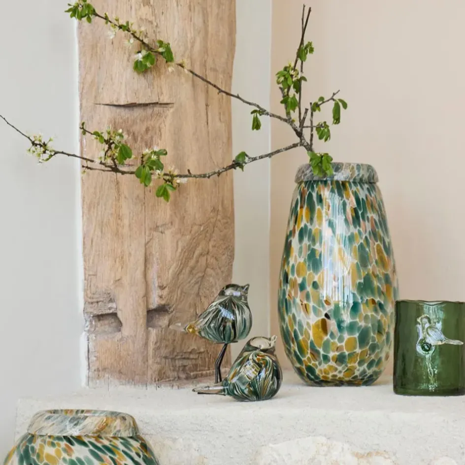 Fabrique de Styles Petits Objets Déco>Presse papier moineau en verre émeraude et doré - Serin Emeraude, Doré