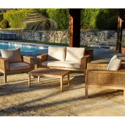Fabrique de Styles Salons De Jardin|Jardin>Salon de jardin 4 places en cannage et acacia brossé et coussins beige - Olinda Naturel, Beige