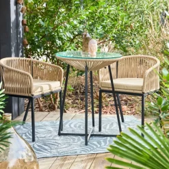 Fabrique de Styles Tables De Jardin|Jardin>Table bar extérieur rond en fer et verre beige et noir d61cm - Baleares Beige , noir
