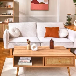 Fabrique de Styles Table Basses>Table basse avec tiroir en bois et cannage L110cm - Baia Naturel