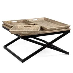 Fabrique de Styles Table Basses>Table basse carrée avec plateaux en manguier et fer noir L120cm - Noe Naturel, Noir