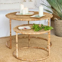 Fabrique de Styles Table Basses>Table basse gigogne ronde (lot de 2) en rotin et fer - Pasil Naturel