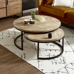 Fabrique de Styles Table Basses>Table basse gigogne ronde (lot de 2) en manguier et fer noir - Noe Naturel, Noir
